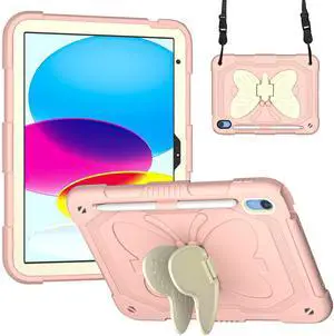 Dteck iPad 10th Generation 10.9 Inch 2022 Case with Kickstand Butterfly Wings Pencil Holder, Heavy Duty Hard Rugged Protective Kids Girls Cover for iPad 10th Gen 10.9 Inch 2022,Pink+Beige