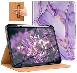 MoKo for New iPad (A16) 11th Generation Case 11-inch 2025, iPad 10th Generation Case 10.9" 2022 with Pencil Holder & Pocket,Premium Leather Folio Stand Cover,Multiple Viewing Angles,Purple Gold Marble