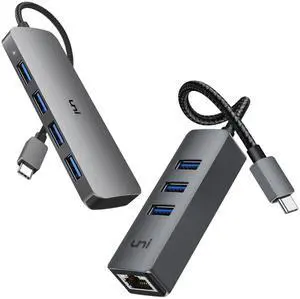 uni USB C to USB Hub Multiport Adapter Bundle with USB-C to Ethernet Adapter, uni USB-C Hub with RJ45 Gigabit