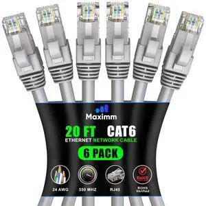 Maximm Cat 6 Ethernet Cable 20 ft (6-Pack) - High-Speed LAN Cable, Internet Cable, Patch Cable, and Network Cable - UTP, 10Gbps, 550MHz Ethernet Cord - Gray