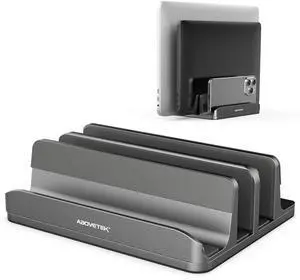 AboveTEK Vertical Laptop Stand, 3 Slots Aluminum Desk Laptop Holder & Laptop Docking Station Stand for MacBook, Tablet, Phone - Universal Fit (Up to 17.3") - Heavy Duty Polished, Anti Slide - Grey