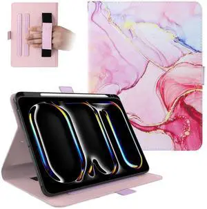 Dteck for iPad Pro 11-Inch M4 Folio Case 11" 2024 Release, PU Leather Cute Case with Adjustable Stand Angles/Auto Sleep Wake, Pencil Holder/Hand Strap, Protective Lightweight Slim Cover, Pink Marble