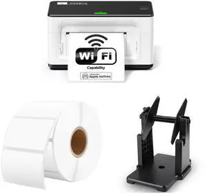 MUNBYN Wireless Thermal Printer, WiFi AirPrint Shipping Label Printer+2.25 x 1.25 Direct Thermal Labels White Thermal Printer Labels+2 in 1 External Rolls Label Holder
