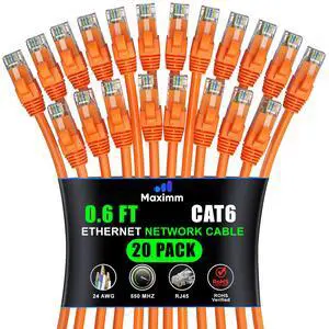 Maximm Cat 6 Ethernet Cable 0.6 ft (20-Pack) - High-Speed LAN Cable, Internet Cable, Patch Cable, and Network Cable - UTP, 10Gbps, 550MHz Ethernet Cord - Orange