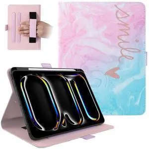 Dteck for iPad Pro 13-Inch (M4) Case 2024 (A2925/A2926/A3007), PU Leather Folio Case with Stand & Auto Sleep Wake Function, Built-in Pencil Holder & Hand Strap, Protective Slim Cute Cover, Pink Green