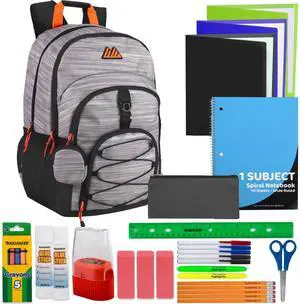 Summit Ridge Laptop Backpack with Supplies | 19 Inch Dual Compartment Backpack with Earbud Case Holder/Mini Backpack Wallet Keychain & 30 Piece Stationery Set
