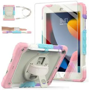 Ambison Case for iPad 9th/8th/7th Generation 10.2'' 2021/2020/2019, [Kid Proof] Full Body Protective Case with 9H Tempered Glass Screen Protector, 360deg Rotatable Kickstand & Hand Strap (Light Pink)