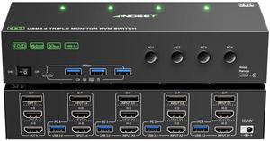 KVM Switch 3 Monitors 4 Computers 4K@60Hz EDID Simulation, 2 HDMI+Displayport KVM Switch Triple Monitor for 4 Computer Share 3 Monitor and 4 USB3.0 Ports, Wired Remote and 4 USB Cables Included