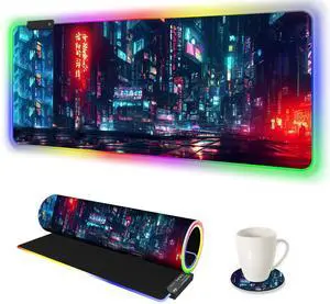 ARTSO RGB Gaming Mouse Pad Large, Extended Soft Led Mouse Pad with 14 Lighting Modes 2 Brightness, Water Resist Keyboard Pad, Computer Mousepads Mat 35.4x15.7inch, Night City