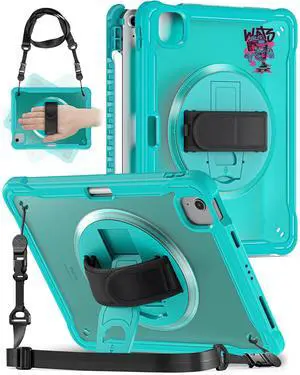 BADGEYUE for iPad Air 5th/4th Generation Case 10.9 inch (2022/2020), iPad Pro 11 inch (4th/3rd/2nd/1st Gen) Clear Cover with Pencil Holder, 360deg Rotate Stand&Hand Strap/Shoulder Strap (Light Blue)