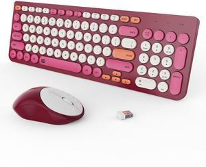 Wireless Keyboard and Mouse Combo, 2.4GHz Colorful Typewriter Cute Full-Sized Round Keycaps Keyboard for Office Computer PC Desktops Laptop (96 Keys Rose Red)