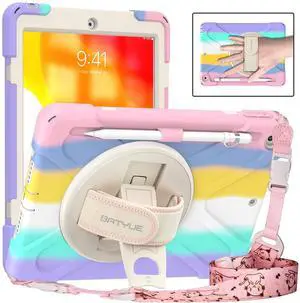 BATYUE for iPad 9th/ 8th/ 7th Generation Case (iPad 10.2 inch Rugged Case 2021/2020/2019) with Screen Protector, Rotating Stand/Pencil Holder/Carrying Shoulder Strap, Colourful Pink
