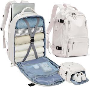 Travel Backpack for Women Men, Waterproof Carry on Backpack for Flight Approved Personal Item Bag, Business Laptop Backpack with USB Charging for Hiking Gym with Shoe Compartment Casual Daypack White