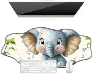 BFDHGQZC Baby Elephant Desk Mat Irregular Shape Large Mouse Pad 35.4"x15.75" Desk Rubber Base Mousepad with Stitched Edges Big Desk Pad for Work,Game,Office,Home
