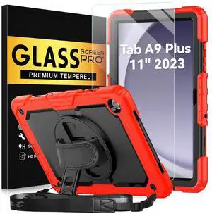 BLOSOMEET Case for Samsung Galaxy Tab A9 Plus with Tempered Glass Screen Protector Shoulder Strap Pencil Holder,Red