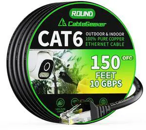 Cat 6 Ethernet Cable 150 ft, Indoor&Outdoor, High Speed 10Gbps 24AWG Pure Copper Internet Network Cable, Pure Copper Ethernet Patch Cable Long, PoE Computer LAN Cable for Router, Modem, PS5/4, Black