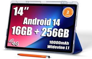 14 inch Large Screen Tablet, Android Tablet 16GB RAM 256GB ROM, 1920 * 1200 IPS FHD Display, Widevine L1, 10000mAh 18W Charging, Wi-Fi & Bluetooth, 4G LTE, with Stand Case & Stylus, 2-Year Protection