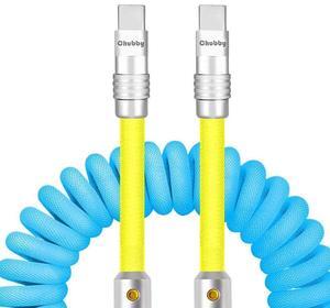 chubbycable Curly Chubby - 240W Coiled USB C Cable Spring Retractable Fast Charging Cable for Car Compatible with CarPlay, Android Auto, Blue+Yellow, Type-C to Type-C, 2.29FT-3.6FT