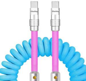 chubbycable Curly Chubby - 240W Coiled USB C Cable Spring Retractable Fast Charging Cable for Car Compatible with CarPlay, Android Auto, Light Blue and Pink, Type-C to Type-C, 2.29FT-3.6FT