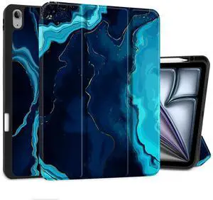 DONGKE for iPad Air 13 Inch Case M3 2025, M2 2024 - [Built-in Pencil Holder] Slim Trifold Stand Shockproof Protective Cover with Soft TPU Back Support Auto Sleep/Wake - Blue Marble