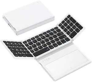 GEODMAER Foldable Bluetooth Keyboard, Portable Full Size Folding Keyboard with Large Touchpad, Numeric Keypad, PU Leather, Wireless Travel Keyboard for Windows iOS Android Mac(Black-White)