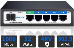 Poe Switch, 5 Port Gigabit PoE Switch, (4 Port gigabit Switch + 1 gigabit uplink+ 1 SFP Slot) Cloud Managed Gigabit Ethernet Switch, 4 Poe Ports @52W, APP Smart Managed, Remote Detection/Restart