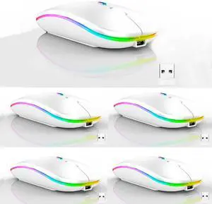 Guiheng 5 Pack Wireless Bluetooth Mouse,LED Dual Mode Rechargeable Silent Slim Laptop Mouse,Portable(BT5.2+USB Receiver) Dual Mode Computer Mice,for Laptop,Desktop Computer,Tablet,Phone,TV (White)