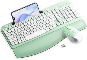 Wireless Keyboard and Mouse Combo, Wave Keys Computer Ergonomic Keyboard with Cushioned Plam Rest, Phone Holder, 2.4GHz Silent 6 Button Wireless Mouse Set for Laptop, PC, Windows, Mac (Mint Green)