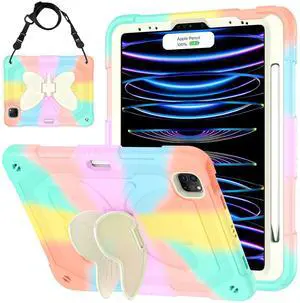 HOGENL for iPad Pro 11 inch Case for Kids Girl with Pencil Holder,for iPad Air 5th/4th Generation Case 10.9" with Butterfly Stand Shoulder Strap Protective Cover for pro 11 4th/3rd/2nd/1st, Colourful
