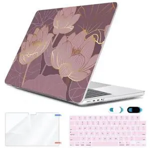 HOHAIYOO Compatible with MacBook Pro 16 inch Case 2024 2023 2022 2021 Release M4 A3186 A3403 M3 A2991 M2 A2780 M1 A2485, Hard Case Shell+Keyboard Cover+Screen Protector+Webcam Cover, Lotus