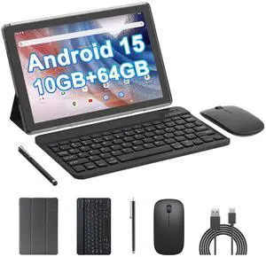 HOTTABLET 10" Android 15 Tablet, 10(4+6Expand) GB RAM+64GB ROM, 2+8MP Dual Camera, 6000mAh Battery (Tablet+case+Stylus+Keyboard+Mouse), Black