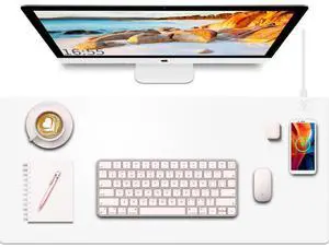Desk Mat with Wireless Charging, White Mouse Pad with Wireless Charger, Desk Pad Matt for Desktop, Mousepad Gaming Large Mouse Pad, Leather Compute for Keyboard and Mouse, 32" x 16"