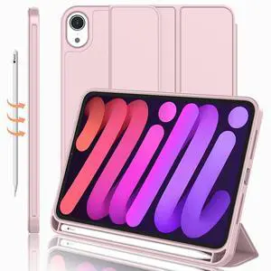 iMieet iPad Mini 7 Case 2024 (A17 Pro), iPad Mini 6 Case (8.3-Inch,2021 Model), iPad Mini 7th/6th Generation Case with Pencil Holder, Trifold Stand Smart Case with Soft TPU Back,Pink
