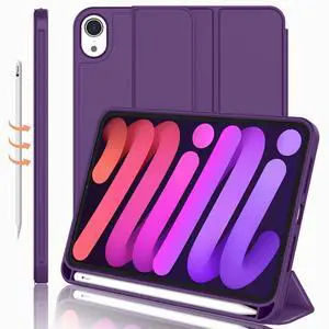 iMieet iPad Mini 7 Case 2024 (A17 Pro), iPad Mini 6 Case (8.3-Inch,2021 Model), iPad Mini 7th/6th Generation Case with Pencil Holder, Trifold Stand Smart Case with Soft TPU Back,Dark Purple