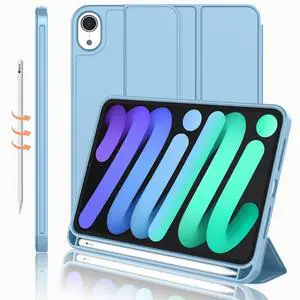iMieet iPad Mini 7 Case 2024 (A17 Pro), iPad Mini 6 Case (8.3-Inch,2021 Model), iPad Mini 7th/6th Generation Case with Pencil Holder, Trifold Stand Smart Case with Soft TPU Back,Azure Blue