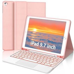 for iPad Keyboard case 9.7 inch, iPad 6th Gen (2018), iPad 5th Gen (2017), iPad Air 2 (2014), Multi-Touch Trackpad, Detachable Backlit Folio Keyboard Slim Cover with Pencil Holder,Rose Gold
