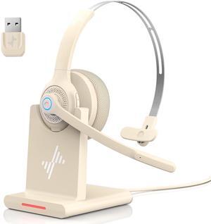 JIAMQISHI Bluetooth Headset - Wireless Headset with Noise Cancelling Microphone, V5.2 Computer Headphones with USB Dongle, Charging Base & Mic Mute for Work/Call Center/PC/Laptop/Online Class/Zoom