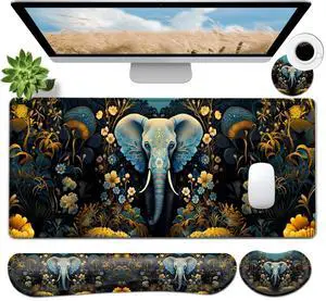 JVGFYNKL Large Gaming Mouse Pad Set, Ergonomic Memory Foam Keyboard Wrist Rest Support + Mouse Wrist Rest + Extended Desk Mat with Non-Slip Rubber Base, The Golden Elephant Pattern Desk Pad