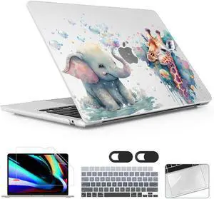 Lepeoac for MacBook Air 15 inch Case 2023 2024 2025 Release A3241 M4 A3114 M3 A2941 M2 with Liquid Retina Display & Touch ID, Hard Shell with Screen Protector & Webcam Cover, Elephant & Giraffe