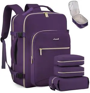 LOVEVOOK Carry on Travel Backpack, 50L Waterproof Large 18 inch Laptop Luggage Daypack as Personal Item Flight Approved, Business Weekender Overnight with 3 Packing Cubes, Dark purple