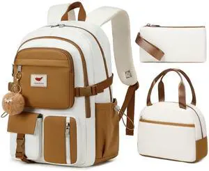 Laptop Backpack 15.6 Inch Elementary Middle High School Bag College Backpacks with Lunch Box Pencil Pouch 3 PCS Set Travel Bookbags for Teens Girls Women Students (Beige Khaki)