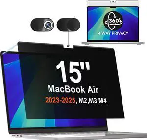 360deg Magnetic Privacy Screen for Macbook Air 15 Inch (2023-2025, M2, M3, M4)), Removable Anti Glare Blue Light Filter, 4 Way Anti Spy Black Protector for Mac Air 15In Laptop Computer
