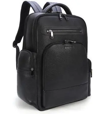 Masa Kawa Black Leather Business Travel Laptop Backpack for Men Fits 15.6" 16" Computer Office Work Commuting Executive Bag Waterproof Daypack