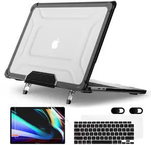 MEEgoodo Case for MacBook Air 13 inch 2021 2020 2019 2018 A2337 M1 A2179 A1932 with Heavy Duty Rugged Shockproof, Laptop Hard Shell Case with TPU Hard Frame & Fold Kickstand & Connection Design, Black
