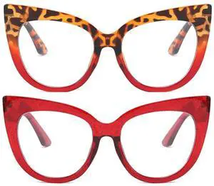 mincl Cat Eye Reading Glasses for Women,Retro Red Frame 2pack Computer Readers, Oversized Blue light Blocking Eyeglasses, (2pcs-red&leopard, 1.25, multiplier_x)