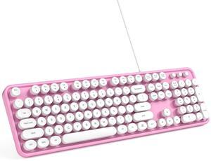 MOWUX Computer Keyboard Wired, Plug and Play USB Retro Round Typewriter Keyboard, Full Size Wired Keyboard with Foldable Stands for Laptop and Office PC- Pink&White Colorful