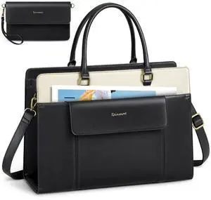 RAINSMORE Laptop Bag for Women 15.6 inch Leather Laptop Tote Bag Large Computer Bags Waterproof Business Office Work Bags Briefcase with Satchel Purse 2pcs Set, Black