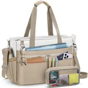 RAINSMORE Teacher Tote Bag for Women 15.6 Inch Laptop Briefcase with Clutch Bag, Nurse Bags Professional Work Handbag for Office College Nursing, Utility Tote Messenger Shoulder Bag, White And khaki