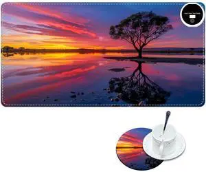 RWUTYTIUL Heated Mouse Pad with 6 Heating Levels, Warm Desk Mats with Coasters, 31.5" x 13" Computer Keyboard Mouse Mat Non-Slip Desk Mat Hand Warmer for Work Game Players Office, Sunset Tree