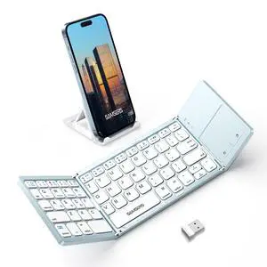 Samsers Multi-Device Foldable Bluetooth Keyboard with Touchpad, Rechargeable Dual-Mode(2.4G+BTx2) Wireless Keyboard with Holder, Portable Folding Key Board for Android Windows iOS Mac OS - Blue